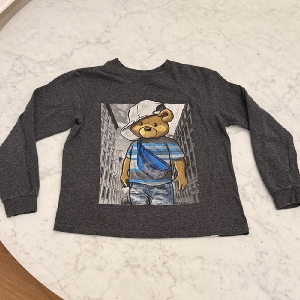 Boys Bear Graphic Long Sleeve Shirt Gray Kids Tee Youth Size 5 Casual Top